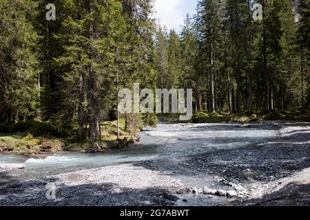 Wiesen und Wasserwelten im Gasterental, Schweiz Stockfoto