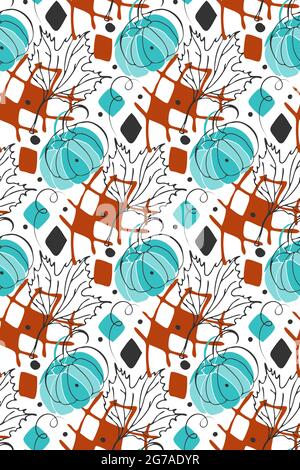 Herbst Kürbis Vektor nahtlose Muster. Handgezeichnete dunkelgraue Skizzenlinie, Blätter, Gitter, Raute, Punkte in Rostfarben, blau. Stock Vektor
