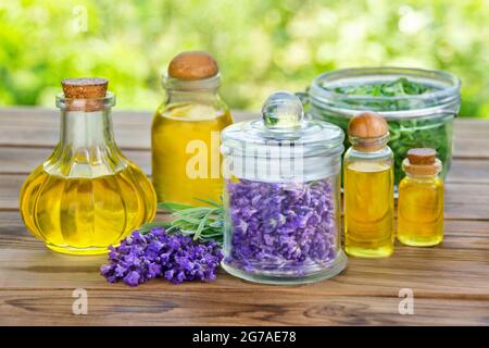 Lavendelblüten und Kräuter mit ätherischem Öl im Garten Stockfoto