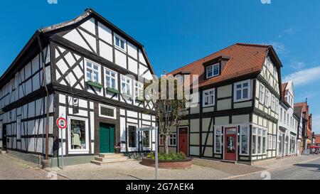 Deutschland, Sachsen-Anhalt, Tangermünde, Fachwerkhäuser in der historischen Altstadt der Hansestadt Tangermünde Stockfoto