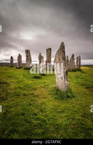 Eine HDR-Aufnahme im Sommer 3 des uralten Callinish, Calanais, Standing Stone Circle auf der Isle of Lewis, Äußere Hebriden, Schottland. 23. Juni 2021 Stockfoto