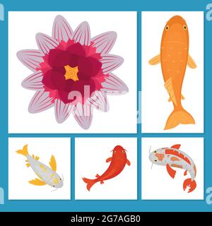 Set aus lotusblumen und Koi-Karpfen Stock Vektor