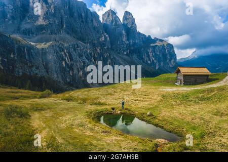 Schöne Landschaft vom Grödner Joch in Gröden region, Dolomiten, Italien Stockfoto