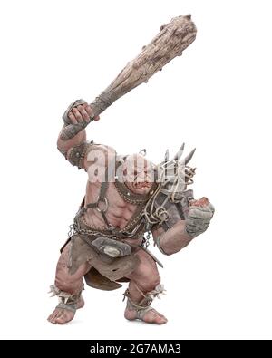 ogre Krieger ist bedrohlich und isoliert auf weißem Hintergrund, 3d-Illustration Stockfoto