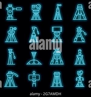 Stativsymbole eingestellt. Umreißen Sie eine Reihe von Stativ-Vektor-Symbolen in Neonfarbe auf Schwarz Stock Vektor