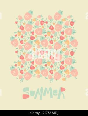 Erdbeeren aus geometrischen Formen. Sommer-Design in Pastellfarben für Print, Poster, Postkarte. Stock Vektor