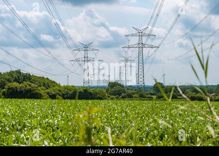 Türme mit mehreren Stromleitungen über einem grünen Feld mit blauem Himmel Stockfoto
