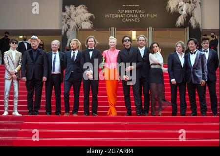 Jarvis Cocker, Hippolyte Giradot, Mathieu Amalric, Stephan Park, Roman Coppola, Timothee Chalamet, Lyna Khoudri, Wes Anderson, Tilda Swinton, Bill Murray, Benicio Del Toro, Alexandre Desplat, Owen Wilson, Adrien Brody bei der französischen Dispatch-Premiere im Rahmen der 74. Internationalen Filmfestspiele von Cannes am 11. Juli 2021 in Cannes, Frankreich. Foto von Aurore Marechal/ABACAPRESS.COM Stockfoto