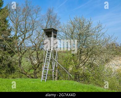 Deutschland, Baden-Württemberg, Ammerbuch - Reusten, Jagdausrüstung, Hiebe mit Kanzel auf einer Wiese. Stockfoto