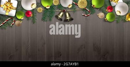 Weihnachtsdekoration, Kugeln, Glocke, Weihnachtsgeschenke über altem Grunge-Holz. Holzhintergrund für Weihnachten 2022 Neujahr, Designvorlage. Illustration Stockfoto