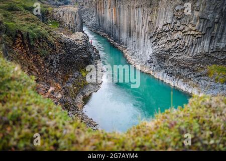 Wanderer in roter Jacke besuchen den Basaltschlucht von Studlagil mit seltenen vulkanischen Basaltsäulenformationen in Island. Stockfoto