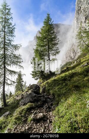 Bergweg mit Blick auf das Sellamassiv, Grödner Pass, Italien Stockfoto