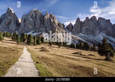 Weg auf der Geisleralm mit den Geislerspitzen, Gschnargenhardtalm, Italien Stockfoto