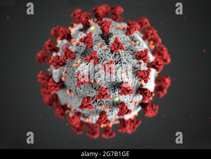 Diese Abbildung zeigt die ultrastrukturelle Morphologie von Coronaviren. Ein neuartiges Coronavirus, genannt Severe Acute Respiratory Syndrome Coronavirus 2 (SARS-CoV-2), wurde als Ursache für einen Ausbruch von Atemwegserkrankungen identifiziert, der erstmals 2019 in Wuhan, China, entdeckt wurde. Die durch dieses Virus verursachte Krankheit wurde Coronavirus Disease 2019 (COVID-19) genannt. Eine optimierte und verbesserte Version eines Bildes, das von den US Centers for Disease Control and Prevention / Credit: CDC produziert wurde Stockfoto