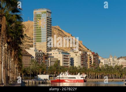 Von Palmen gesäumte Alicante-Promenade entlang des Yachthafens, Alicante, Valencia, Spanien. Das 97m hohe Gran Sol Gebäude dahinter. Auch bekannt als Hotel Gran Sol, Hotel Tryp Gran Sol und offiziell Edificio Alonso. Mount Benacantil im Hintergrund Stockfoto