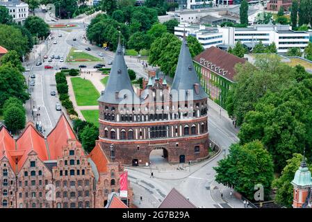 Das Holstentor von oben, Lübeck, Schleswig-Holstein, Deutschland Stockfoto