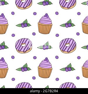 Nahtloses Muster mit glasierten Donuts und Cupcakes mit Heidelbeeren auf weißem Hintergrund. Vektor-Hintergrund in farbigen Doodle-Stil. Perfekt für Menü, Geschenkpapier, Verpackungsdesigns, Dekorationen. Stock Vektor