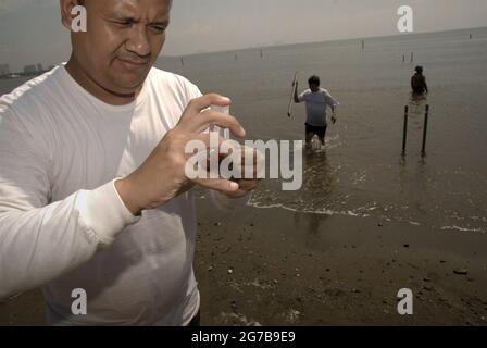 East Ancol, Jakarta, Indonesien. Juni 2009. Wissenschaftler des Indonesischen Instituts der Wissenschaften (LIPI) arbeiten mit Forschungsinstrumenten am Strand, der Teil einer Reihe ihrer Forschungsaktivitäten ist, um unter anderem herauszufinden, wie weit die Meerwasserinfiltration die Qualität der Grundwasserquelle in der Stadt Jakarta, Indonesien, beeinflusst hat. Jakarta leidet unter Landsenkungen, Seewasserinfiltration und Überschwemmungen. Stockfoto