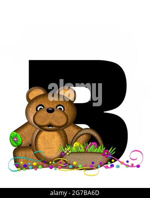 Der Buchstabe B im Alphabet-Set „Alphabet Teddy Easter Party“ ist schwarz und mit Bär, Osterkorb, Konfetti und Wirbeln verziert. Stockfoto