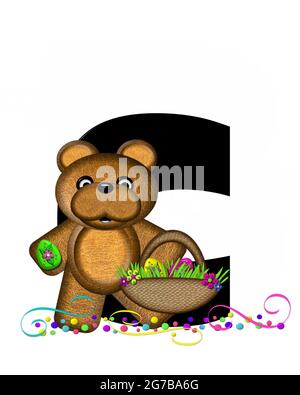 Der Buchstabe C im Alphabet-Set „Alphabet Teddy Easter Party“ ist schwarz und mit Bär, Osterkorb, Konfetti und Wirbeln verziert. Stockfoto