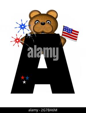 Der Buchstabe A im Alphabet-Set „Teddy 4. Juli“ ist schwarz. Der braune Teddybär hält die amerikanische Flagge. Feuerwerke in Rot, Weiß und Blau explodieren um die Luft Stockfoto