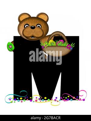 Der Buchstabe M im Alphabet-Set „Alphabet Teddy Easter Party“ ist schwarz und mit Bär, Osterkorb, Konfetti und Wirbeln verziert. Stockfoto