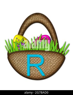 Der Buchstabe R im Alphabet-Set „Osterkorb“ sitzt auf einem braunen Korb mit Griff. Bunte Ostereier sitzen in üppigem, grünem Gras im Korb. Stockfoto