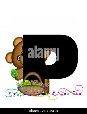 Der Buchstabe P im Alphabet-Set „Alphabet Teddy Easter Party“ ist schwarz und mit Bär, Osterkorb, Konfetti und Wirbeln verziert. Stockfoto