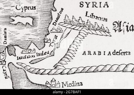 Zypern und Syrien, Detail, früheste gedruckte Karte des gesamten afrikanischen Kontinents, Holzschnitt von Sebastian Münster aus Cosmographia Universalis, Basel Stockfoto