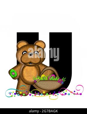 Der Buchstabe U im Alphabet-Set „Alphabet Teddy Easter Party“ ist schwarz und mit Bär, Osterkorb, Konfetti und Wirbeln verziert. Stockfoto