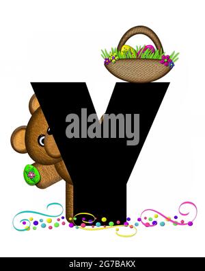 Der Buchstabe Y im Alphabet-Set „Alphabet Teddy Easter Party“ ist schwarz und mit Bär, Osterkorb, Konfetti und Wirbeln verziert. Stockfoto