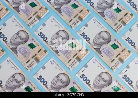 Ukrainischer Geldhintergrund. 500 hryvna ukrainischen Banknoten. Muster. Stockfoto