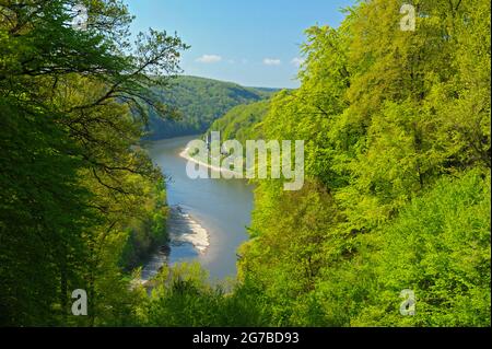 Blick auf die Donau, aus der Befreiungshalle, April, Kehlheim, Altmühltal, Franken, Bayern, Deutschland Stockfoto