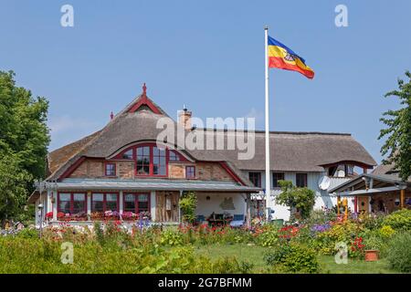 Reetdachhaus am Hafen, Wustrow, Fischland, Mecklenburg-Vorpommern, Deutschland Stockfoto