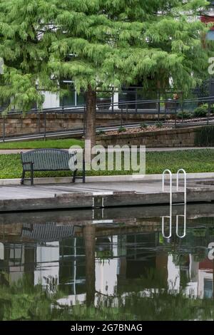 Eine Bank unter einem Baum entlang der Wasserstraße in The Woodlands, Texas. Stockfoto