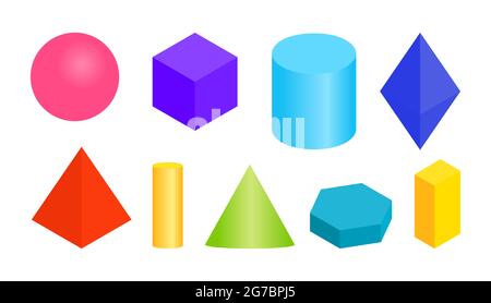 Farbige volumetrische geometrische Gradientenformen. Verschiedene einfache Basis 3d-Figur. Isometrische Ansichten Kugel, Würfel, Zylinder, sechseckiges Prisma und andere reguläre Formen. Isoliert auf weißer Vektorgrafik Stock Vektor