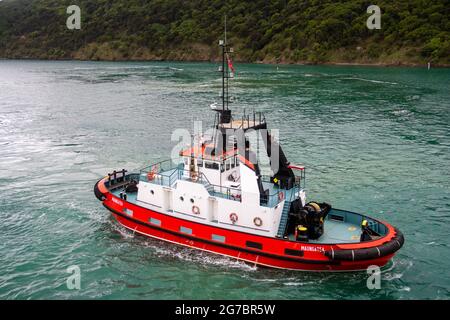 Picton, Marlborough, Neuseeland, Juni 26 2021: Das Pilotboot Maungatea hilft, die Fähre sicher in den Kai zu führen. Stockfoto