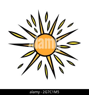 Handgezeichnete gelbe Sonne. Bunt leuchtende Sonne mit Balken im Doodle-Stil. Schwarz-Weiß-Vektorgrafik isoliert auf weißem Hintergrund Stock Vektor