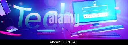 Tech-Banner. Konzept moderner Technologien, digitaler Kommunikation, Internet und Netzwerksystem. Vektor-Cartoon-Illustration von Desktop-Computer mit Autorisierungsformular Stock Vektor