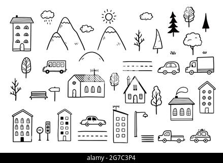 Stadtplan mit Haus, Landschaftselement. Handgezeichneter Skizzenstil. Haus, Baum, Berg Vektor Illustration für Dorf, Stadtplan. Stock Vektor