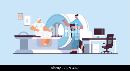 Arzt mit Senior Patient in Tomographie Maschine Magnetresonanztomographie mri-Geräte Krankenhaus Radiologie Stock Vektor