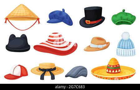 Cartoon-Hüte. Zylinder, panama, Baseballkappe, Baskenmütze, Sombrero. Männer und Frauen Sommer stilvolle Kopfbedeckung, Mode Kopf Accessoires Vektor-Set. Eleganter und sportlicher Kopfschmuck für weibliche und männliche Charaktere Stock Vektor