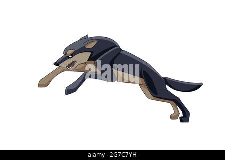 Wolf läuft seiner Beute hinterher. Cartoon-Charakter eines gefährlichen Säugetier Tier. Ein wildes Waldgeschöpf mit schwarzem Fell. Seitenansicht. Vektorgrafik flach Stock Vektor