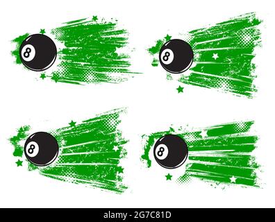 Banner für Billardspiele am Pool. Cartoon-Vektor schwarz acht-Ball, grüne Farbe Pinselstriche oder Spuren, grungy Hintergrund mit Sternen vintage Halbton Stock Vektor
