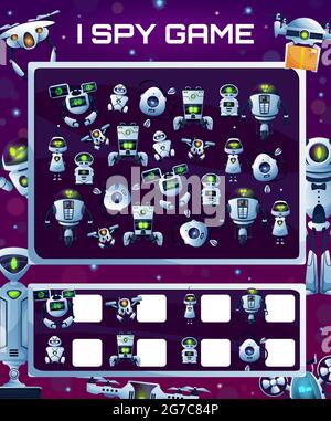 Kinder Bildung Spiel mit Robotern, Vektor I Spion Rätsel mit Cyborgs, wie viele Androiden und Drohnen testen. Entwicklung von Rechenkenntnissen und Aufmerksamkeit, ca. Stock Vektor