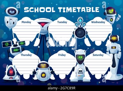 Drohnen, Roboter und Androiden Schule Zeitplan Vektor-Vorlage. Wochenplaner Rahmendesign mit künstlicher Intelligenz Cyborgs, niedlichen ai Bots. Bildung Stock Vektor
