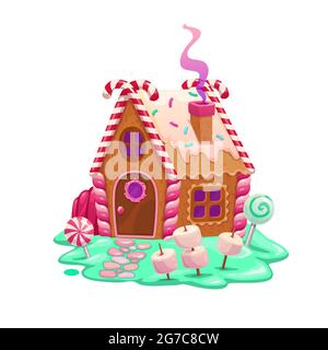 Karamell und Ingwer Cartoon Märchen Haus oder Wohnung. Weihnachten Lebkuchen Cookie-Haus, Cartoon-Vektor Märchen Hütte aus Cracker, Zuckerrohr und Stock Vektor