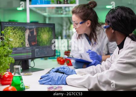 Zwei Kollegen überprüfen Proben von veganem Fleisch und schreiben biotechnologische Expertise nach einem Chemieexperiment. Wissenschaftler, die im Biologielabor an pflanzengeschlasertem Rindfleischersatz arbeiten. Stockfoto