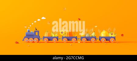 Blauer Zug und Wagen gefüllt mit Kürbissen und Herbstdekorationen auf orangefarbenem Hintergrund. Creative minimal Herbst Konzept Idee 3D Rendern 3D-Illustration Stockfoto