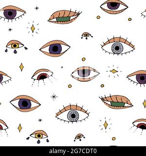 Nahtloses Muster mit handgezeichneten, mystischen Doodle-Augen Stock Vektor